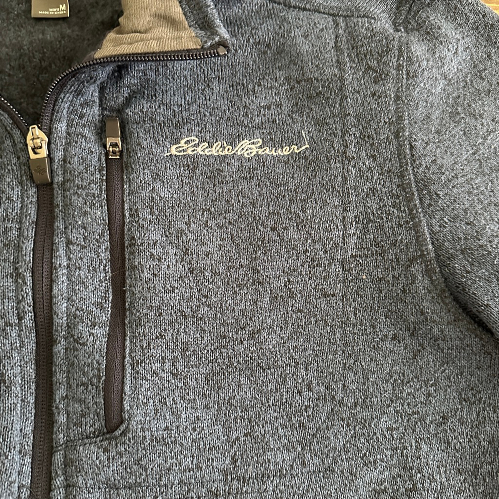 Men’s Eddie Bauer Blue Heather 1/4 Zip Pullover Sweater M Grey Collar - Picture 3 of 7